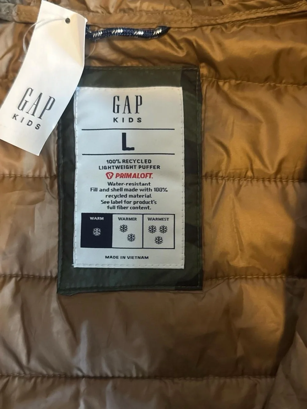 GAP Boys' Green Camo Hooded Puffer Jacket